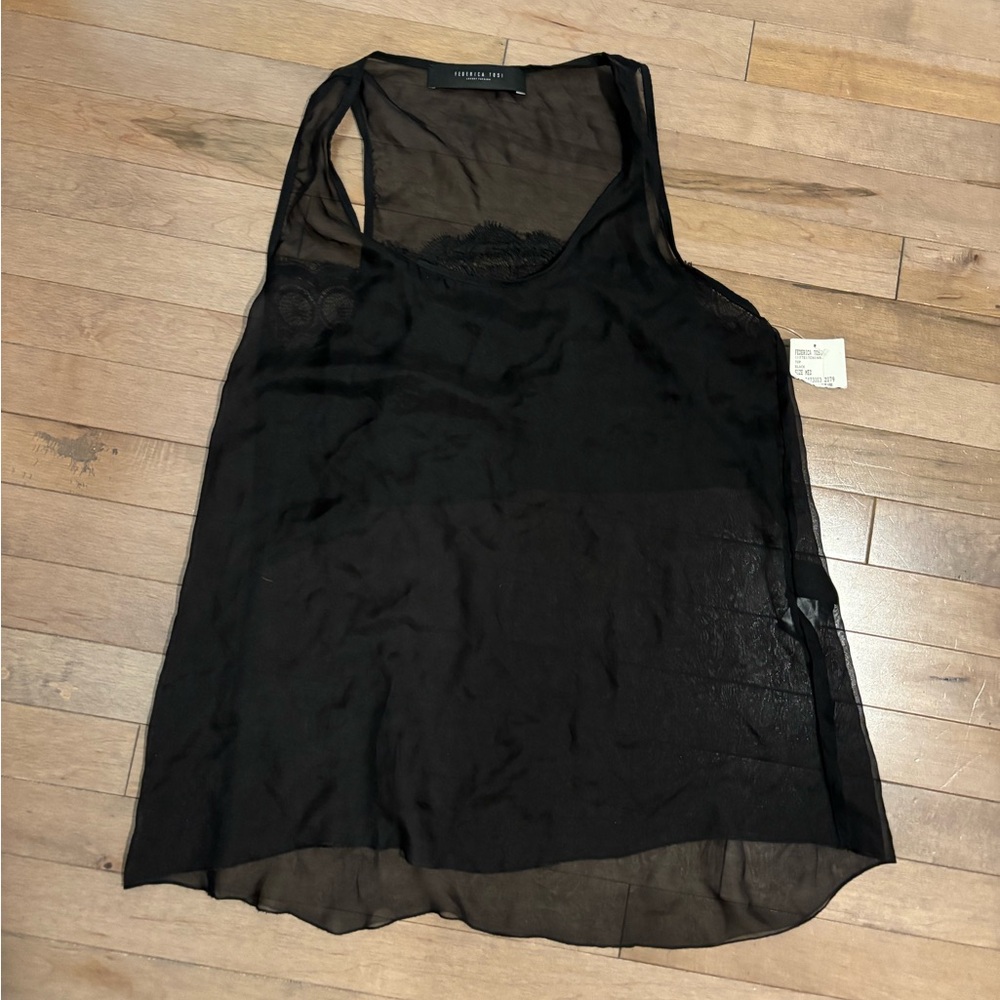 Federica Tosi Silk NWT Black Lace Sheer Cami medium sleeveless tee